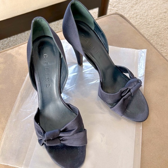 CELINE Navy Blue Silk/Satin Heels 9 - Picture 1 of 5